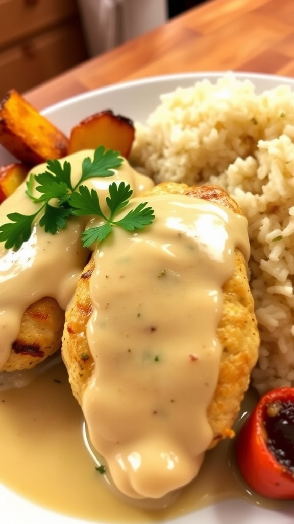 Creamy honey mustard chicken served with rice and vegetables, garnished with parsley.